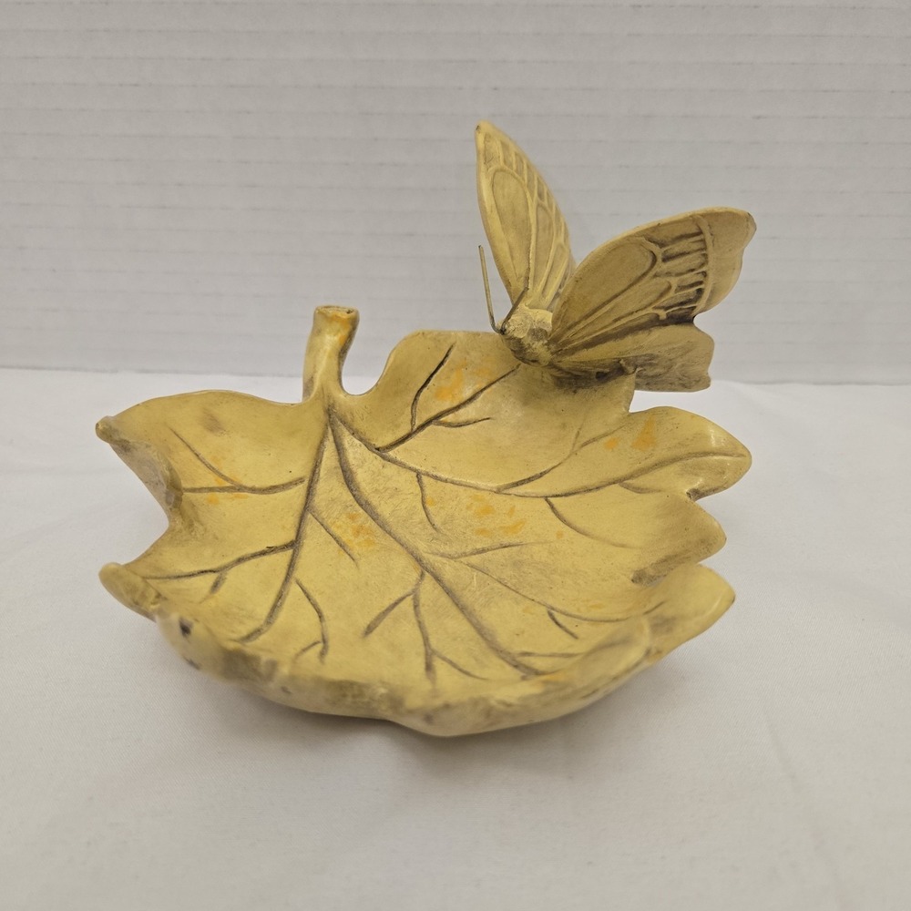 Vtg MCM Golden Maple Leaf Trinket Dish Butterfly Autumn Resin Jewelry Tray 5"